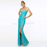 Sexy Strapless Sheath High Side Slit Evening Dress 2015 New Design Long Lace Off-Shoulder Prom Dress Vestido De Festa