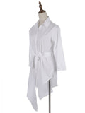 Women White Shirt Dress Long Sleeve Turn Down Collar Spiral Asymmetrical Tail Hem Tie Sash Waist Shirt Dresses