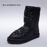 BASSIRIANA - women's fashion blue sheepskin snow boots with crystal decoration Free shipping