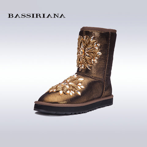 BASSIRIANA - women's fashion blue sheepskin snow boots with crystal decoration Free shipping