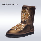 BASSIRIANA - women's fashion blue sheepskin snow boots with crystal decoration Free shipping