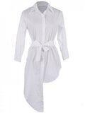 Women White Shirt Dress Long Sleeve Turn Down Collar Spiral Asymmetrical Tail Hem Tie Sash Waist Shirt Dresses