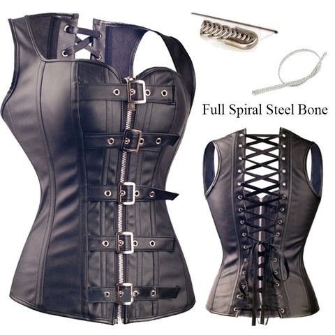 Summer Party Steampunk Hot Sale Steampunk Black Lace up Zip Faux Leather Cool Bustier Overbust Brocade Top Corset Size S-6XL