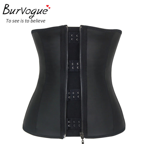 Burvogue Women Corset  Waist Corsets  Black Latex Zipper Underbust Corset Slimming 9 Steel Bone Body Shaper Corset