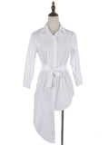 Women White Shirt Dress Long Sleeve Turn Down Collar Spiral Asymmetrical Tail Hem Tie Sash Waist Shirt Dresses