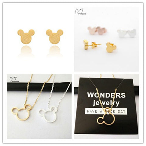 Trendy Bridal Stainless Steel Jewelry Sets Cute Cartoon Micky Charms Statement Necklace Minnie Mouse Earring For Women